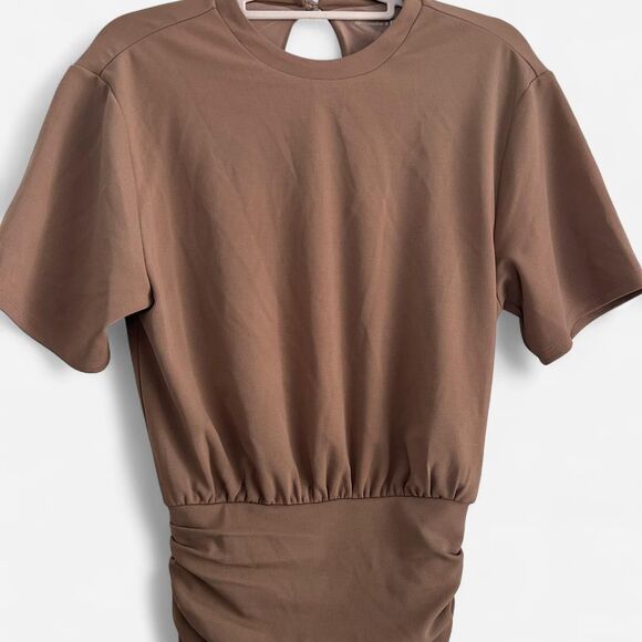 Abercrombie & Fitch Taupe Ruched Mini Dress – Bodycon Short Sleeve Neutral xs - Picture 4 of 8